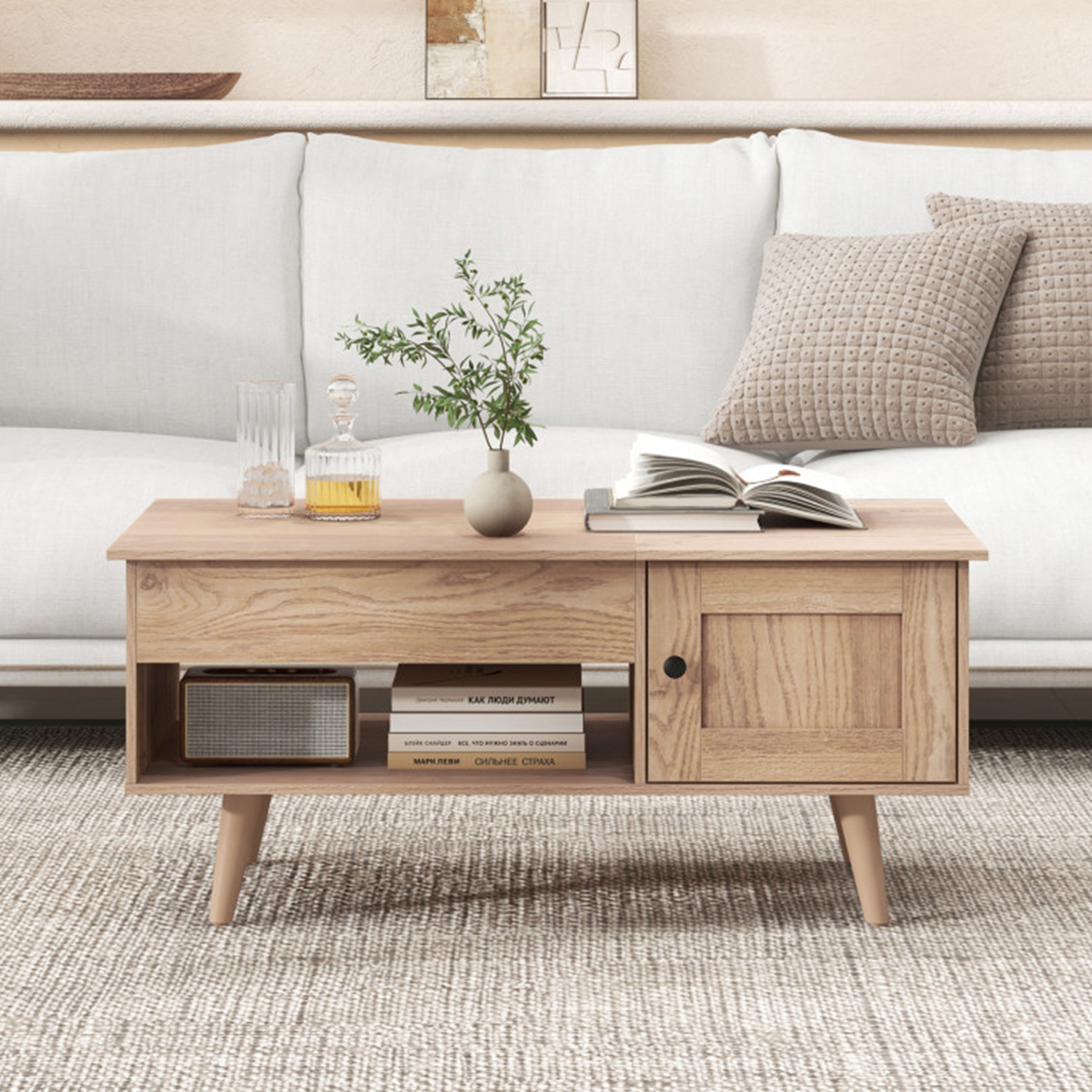Lift Top Coffee Table with Hidden Storage Compartment - Natural