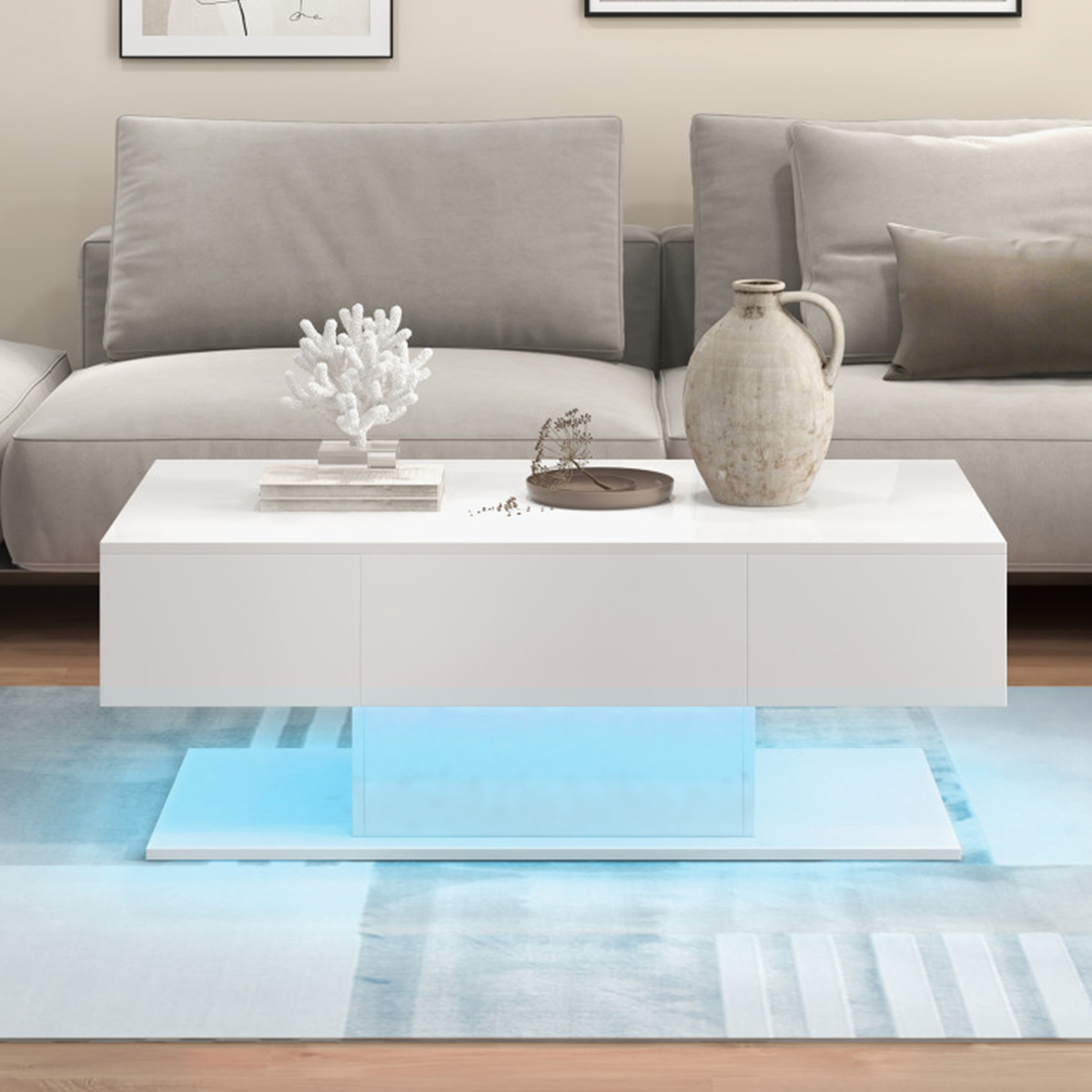 LED Coffee Table with Storage Drawers - White